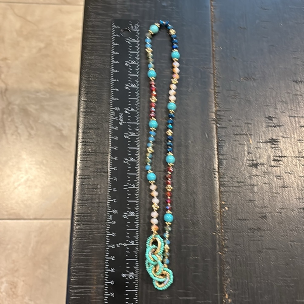 Turquoise Multicolor Iridescent Stretch Beaded Boho Western Necklace - Picture 6 of 7